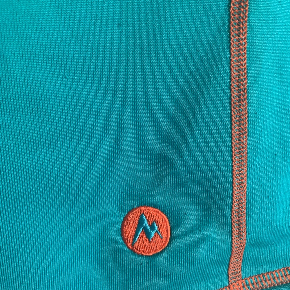 Marmot Teal Fleece with Orange Stitching Size M Vertical Zipped Pocket - Picture 12 of 12